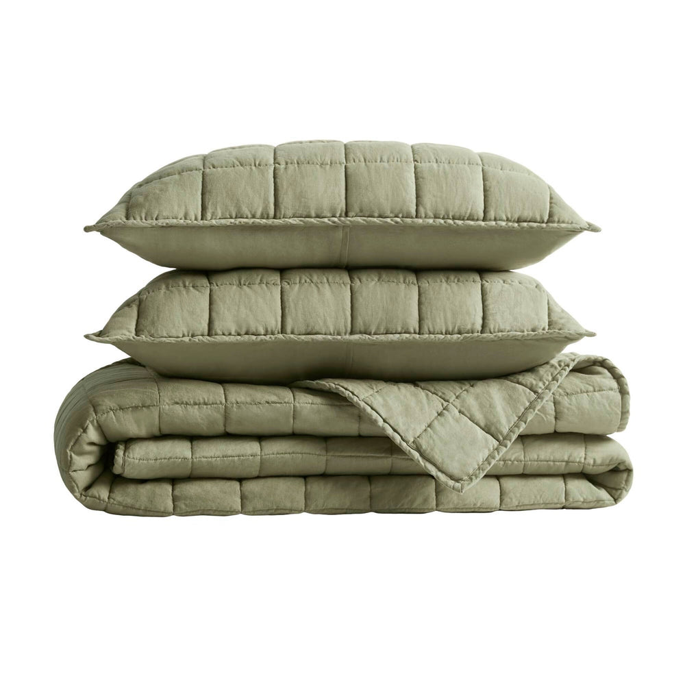 3-Piece Full/Queen Linen Garment Washed Quilt Set,Olive Green Media 6