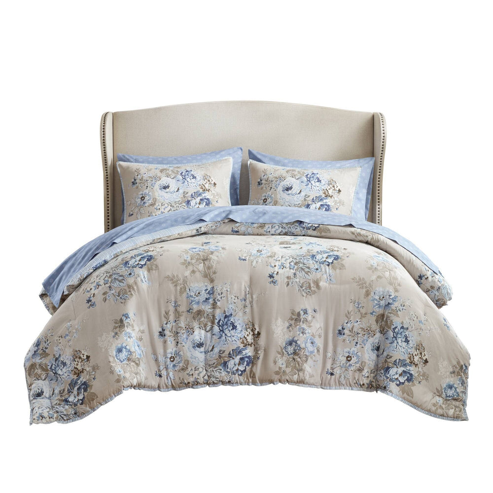 7-Piece Full 7 Piece Vin -inspired Collection floral print,Beige/Blue Media 12