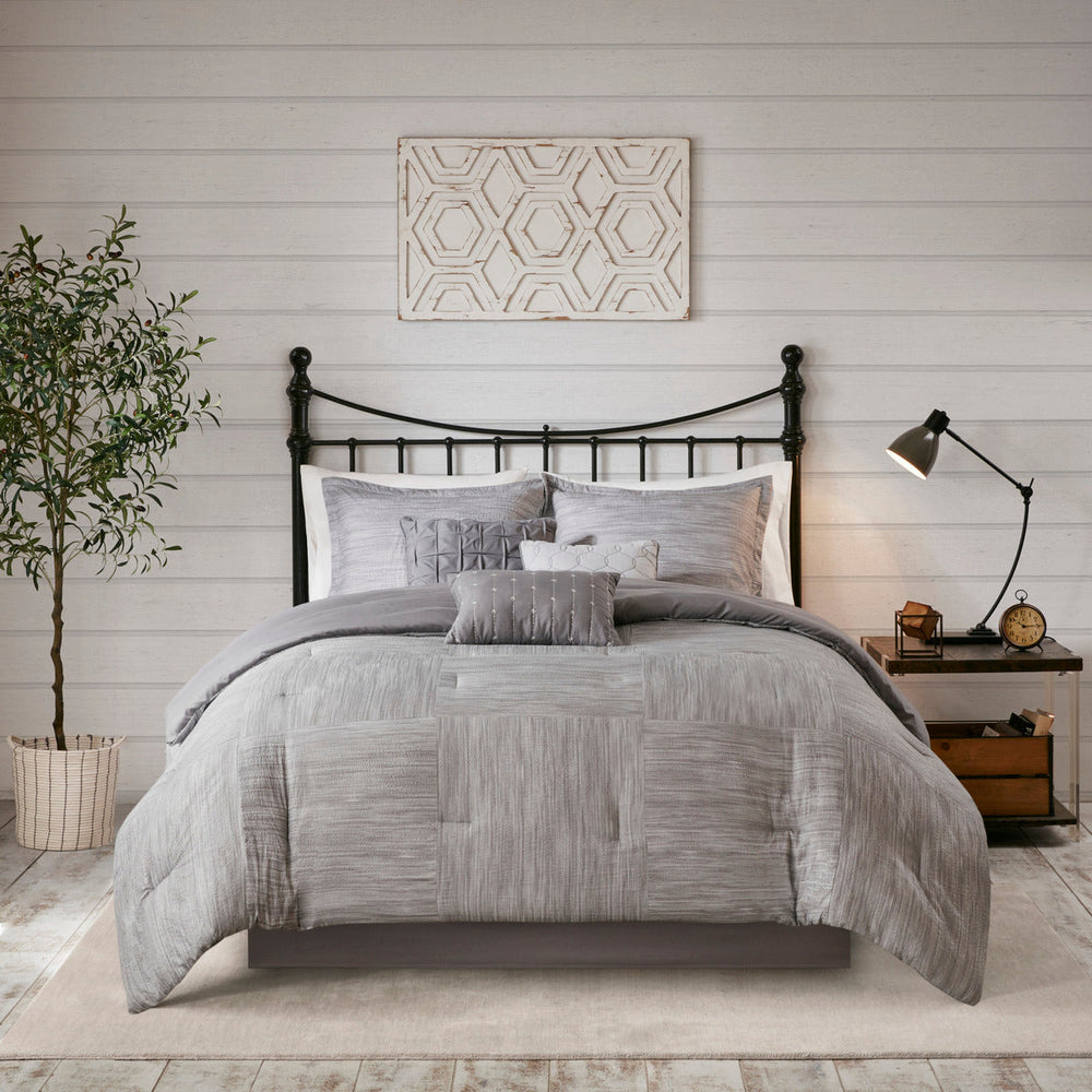 7 Piece Printed Seersucker Comforter Set Grey Queen Media 2