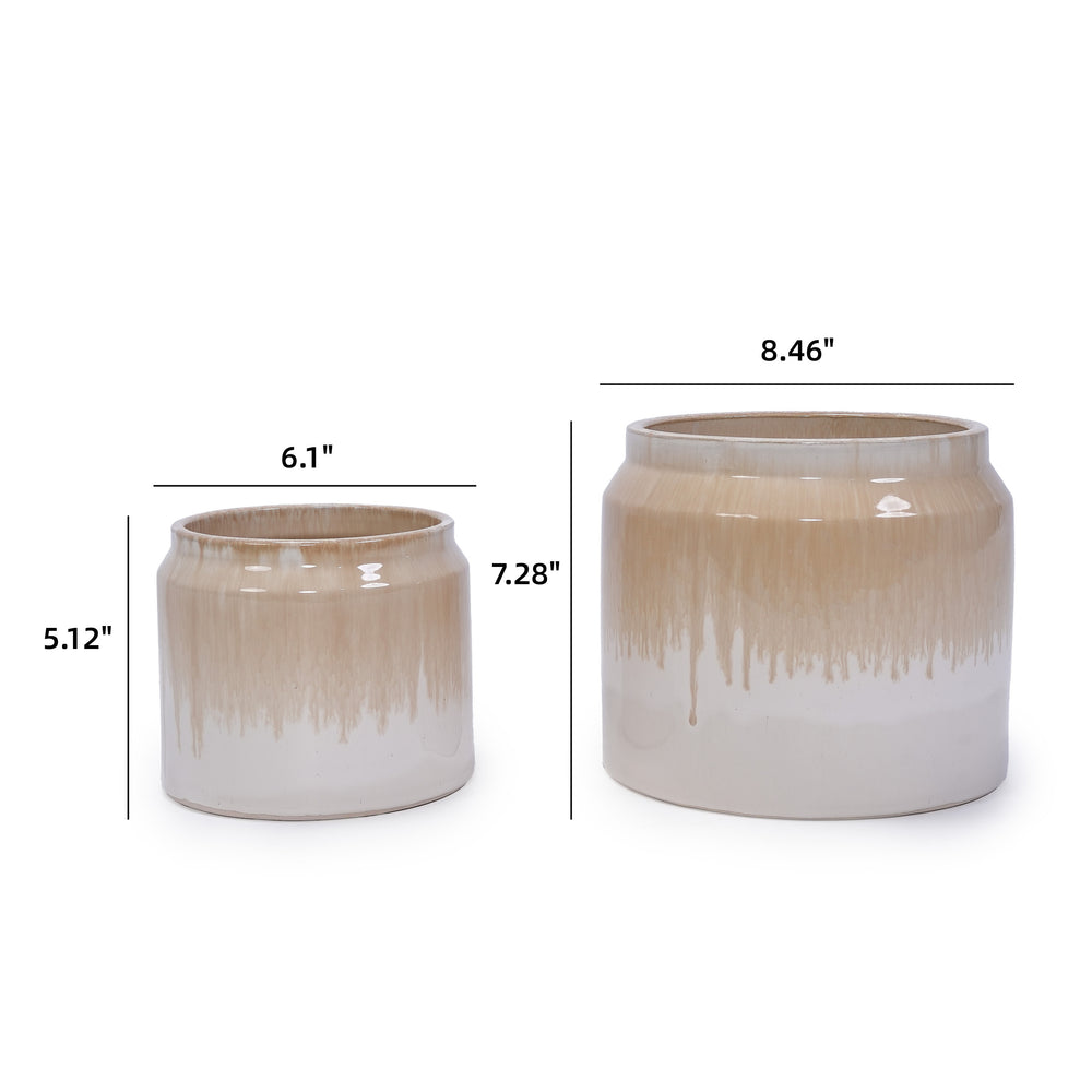 Handmade Non-Porous Ceramic Planter Set of 2, 6' & 8' Diameter, Beige Drip Glaze, for Aquatic Plants Indoor/Outdoor Shelf & Desk Use, Breathable Clay Media 4