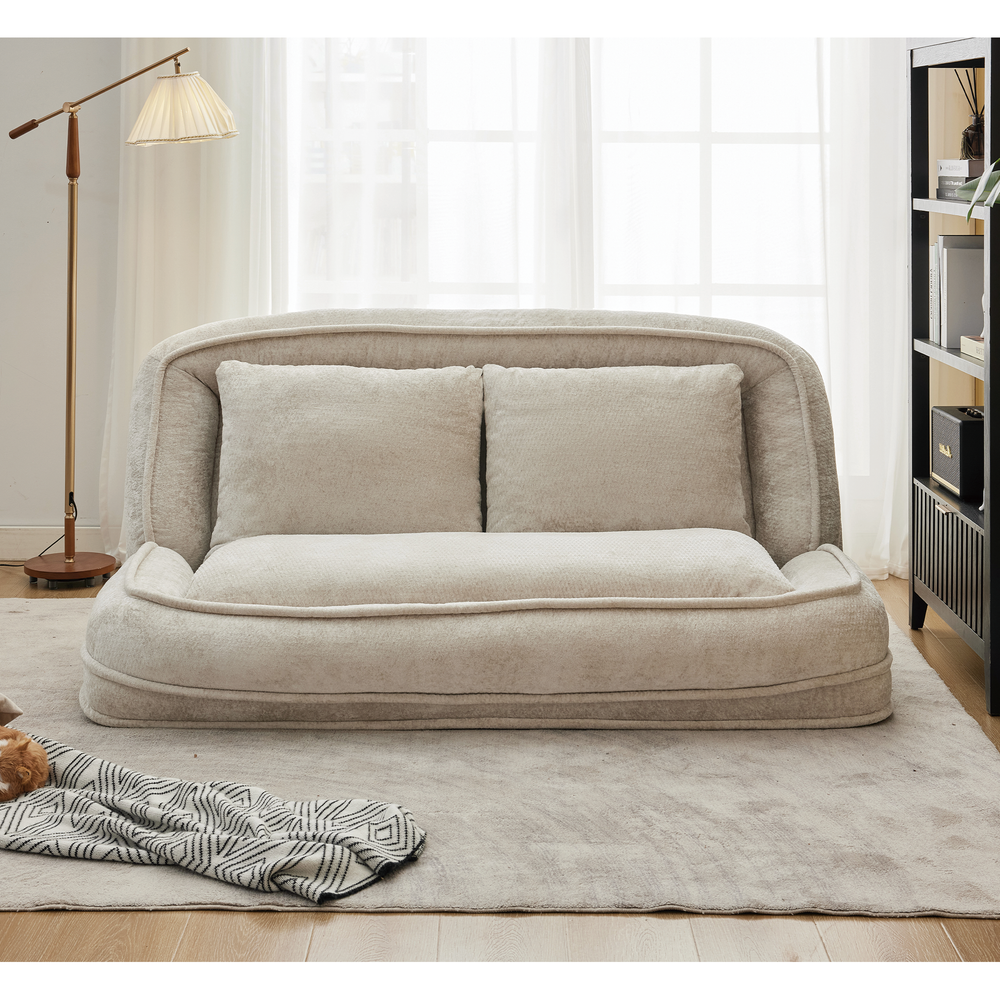 Pet Sofa Bed Chenille 2-In-1 Lounge Couch With 5 Adjustable Positions For People & Pets Beige Media 18