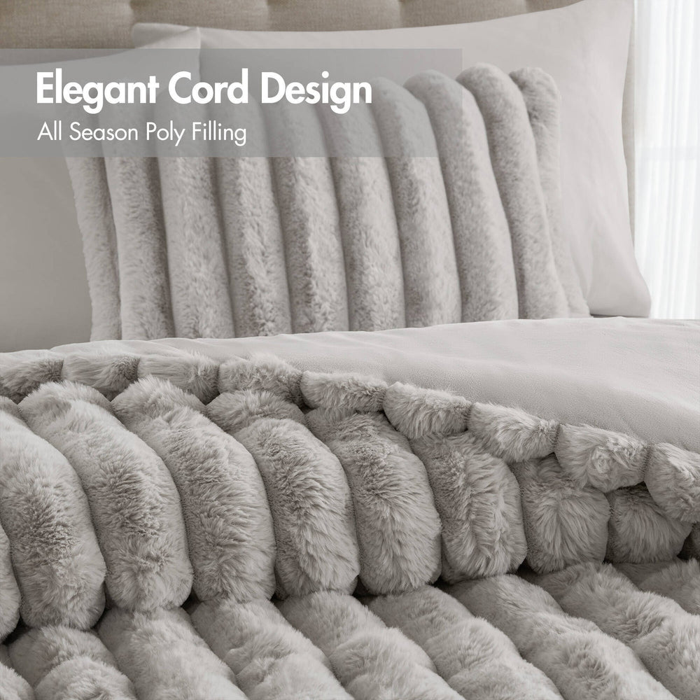 3 Pieces Full/Queen  soft Faux Fur Ribbed Comforter Set,Light Gray Media 9