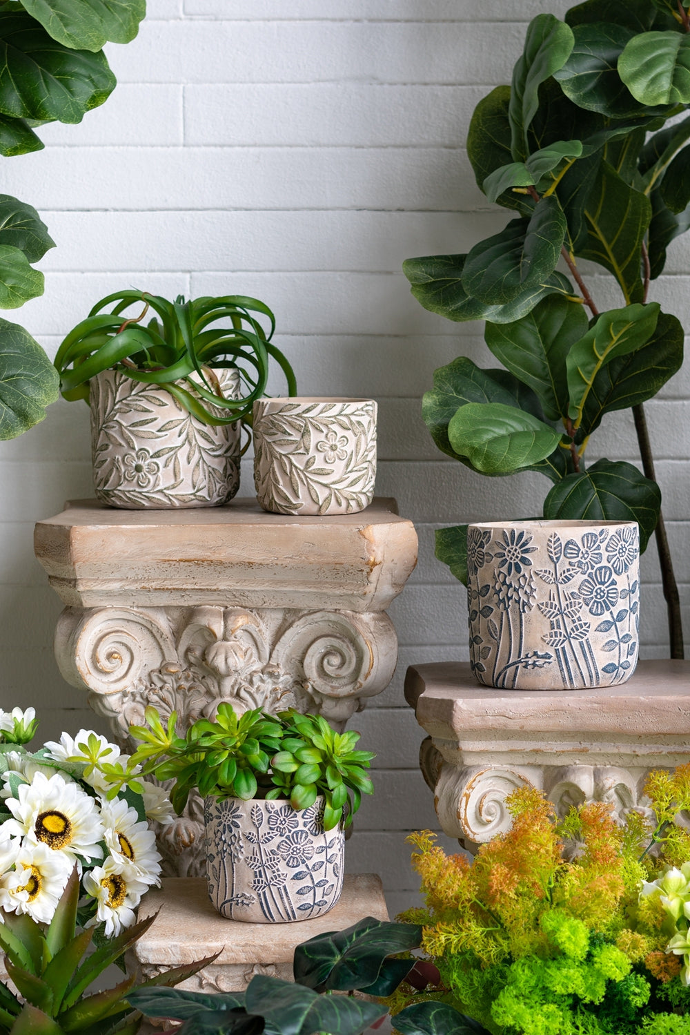 S/2 Gray Sand and Cement Planters with Etched Green Floral Motif, L:D6.7x6.3' S:D5.5x5' Media 12