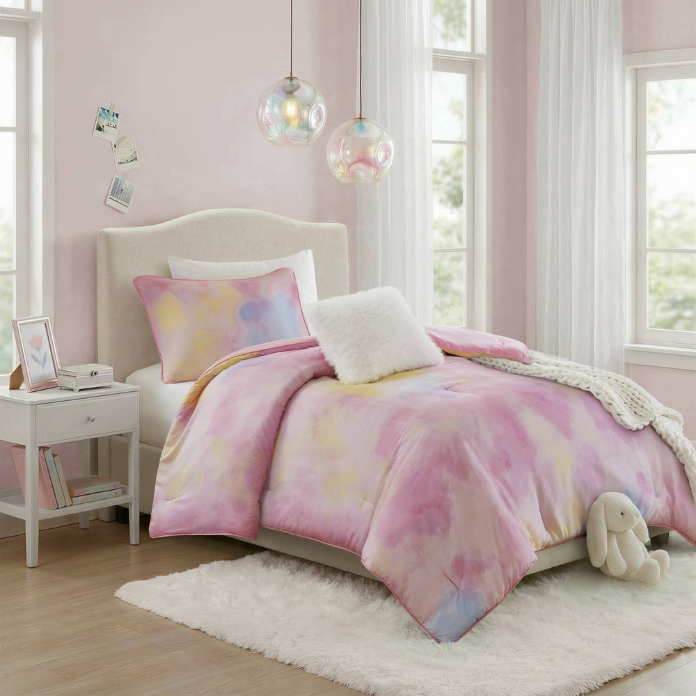 3 Pieces Twin/Twin XL Watercolor Tie Dye Printed Comforter Set with Throw Pillow,Pink Media 1