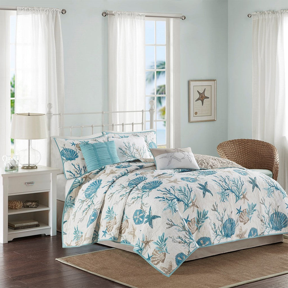 6 Piece Cotton Sateen Quilt Set with Throw Pillows Aqua Full/Queen Media 1