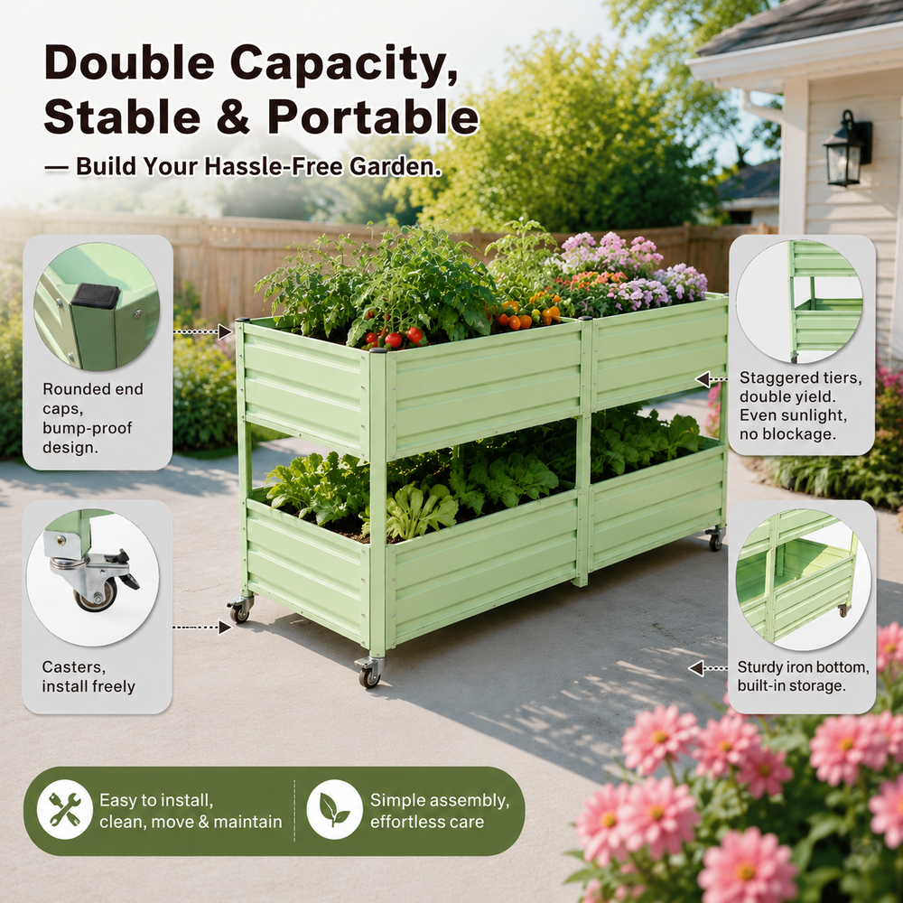 Dual Tier Elevated Metal Raised Garden Bed with Lockable Wheels, Staggered 2-Layer Raised Planter Box for Vegetables Herbs Flowers, Outdoor Patio Backyard Green Planting Bed,Green Media 4