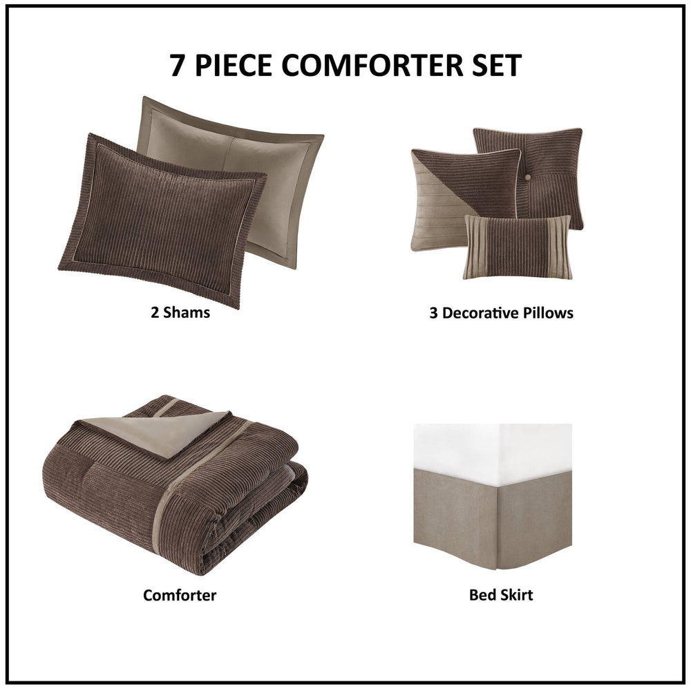 7 Piece Micro Corduroy Comforter Set Brown Cal King Media 2
