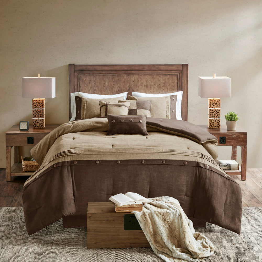 7 Piece Faux Suede Comforter Set Brown Cal King Media 9