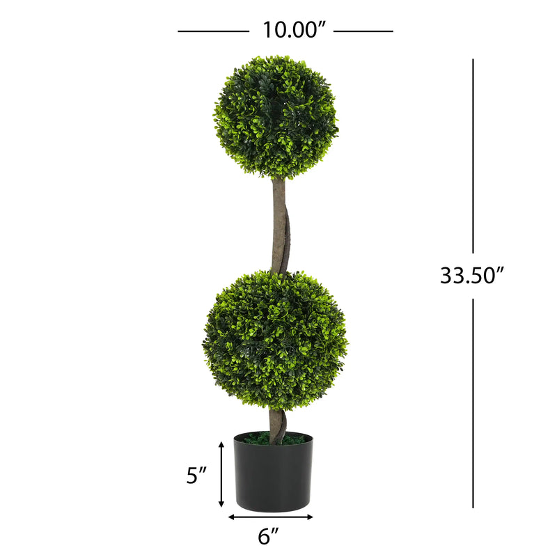 34' Artificial Topiary Boxwood Tree Double Ball with Black Plastic Pot, Set of 2