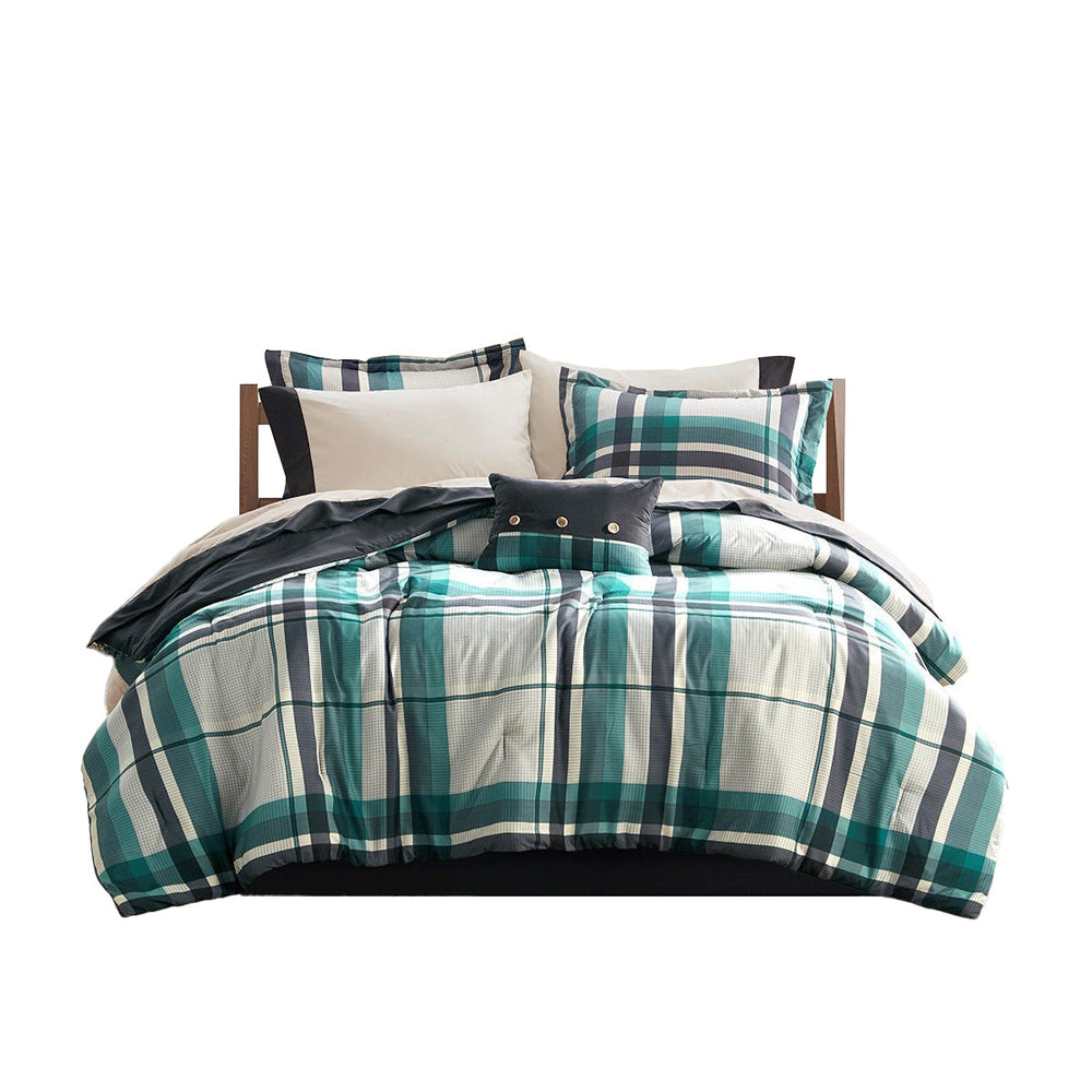 9 PCS Queen Plaid Comforter Set with Bed Sheets Teal/Black Media 2