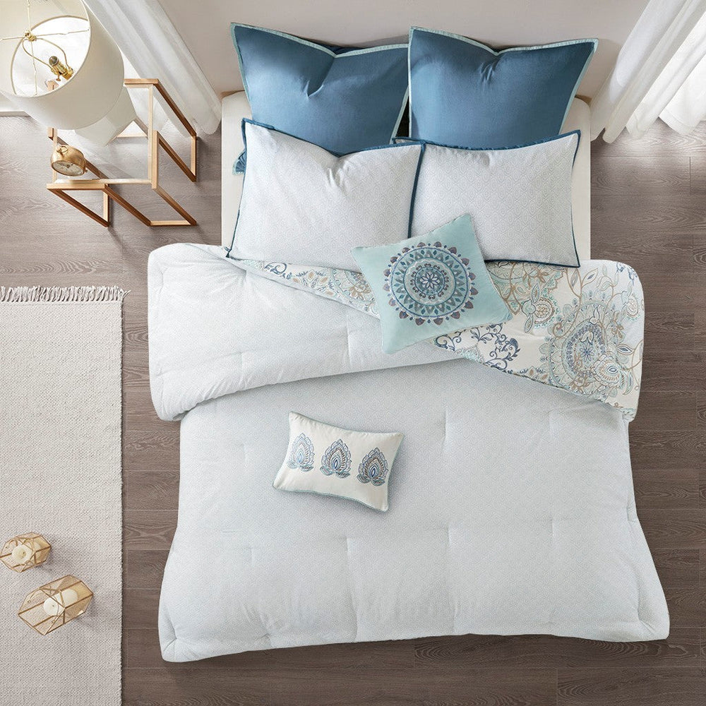 8 Piece Cotton Floral Printed Reversible Comforter Set Blue Cal King Media 8