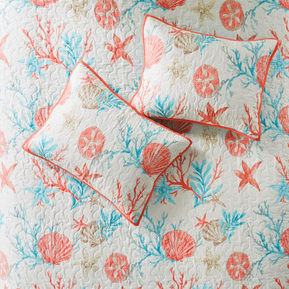 6 Piece Cotton Sateen Quilt Set with Throw Pillows Coral Full/Queen Media 5