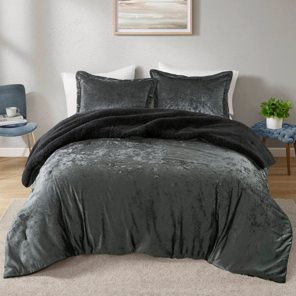 3 PCS Full/Queen Crushed Velvet   Reversible Comforter Set Charcoal Media 7