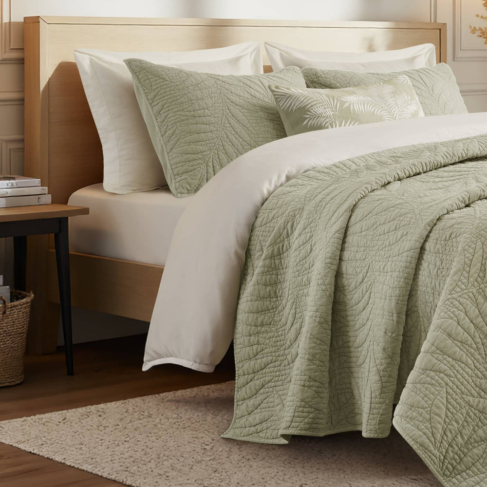 King 3 Piece Cotton Quilt Set Sage Media 3