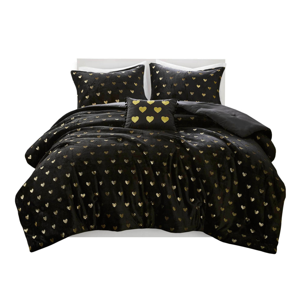3 PCS Twin/Twin XL Metallic Printed Plush Comforter Set with Throw Pillow Black/Gold Media 3