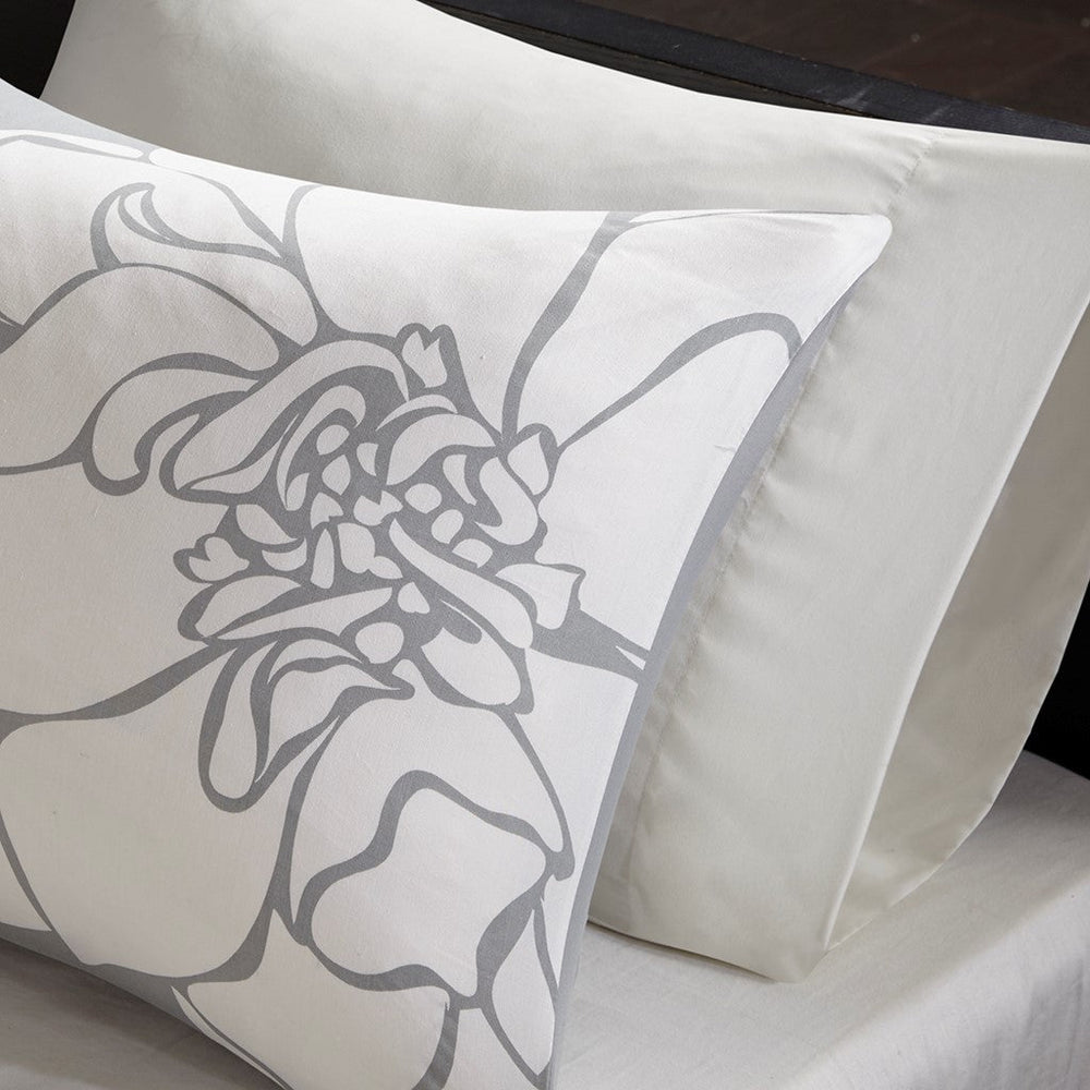Printed Cotton Sateen Comforter Set Grey/Peach Cal King Media 2