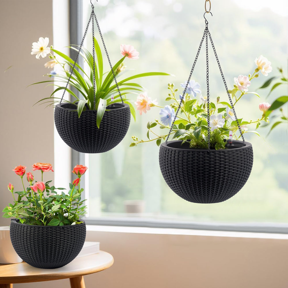 13.4 inch Self-Watering Hanging Rattan-Inspired Planter Large Capacity, Root-Rot Resistant Water Storage with Water Level Indicator, Dual-Use for Indoor & Balcony Decoration (Pack of 2, Black Color) Media 15