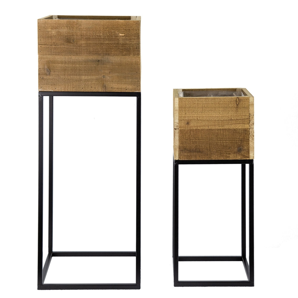 Set of 2 Reclaimed Wooden Box With Black Iron Stand, L:11x11x29.5' S:8.5x8.5x21.5' Media 4