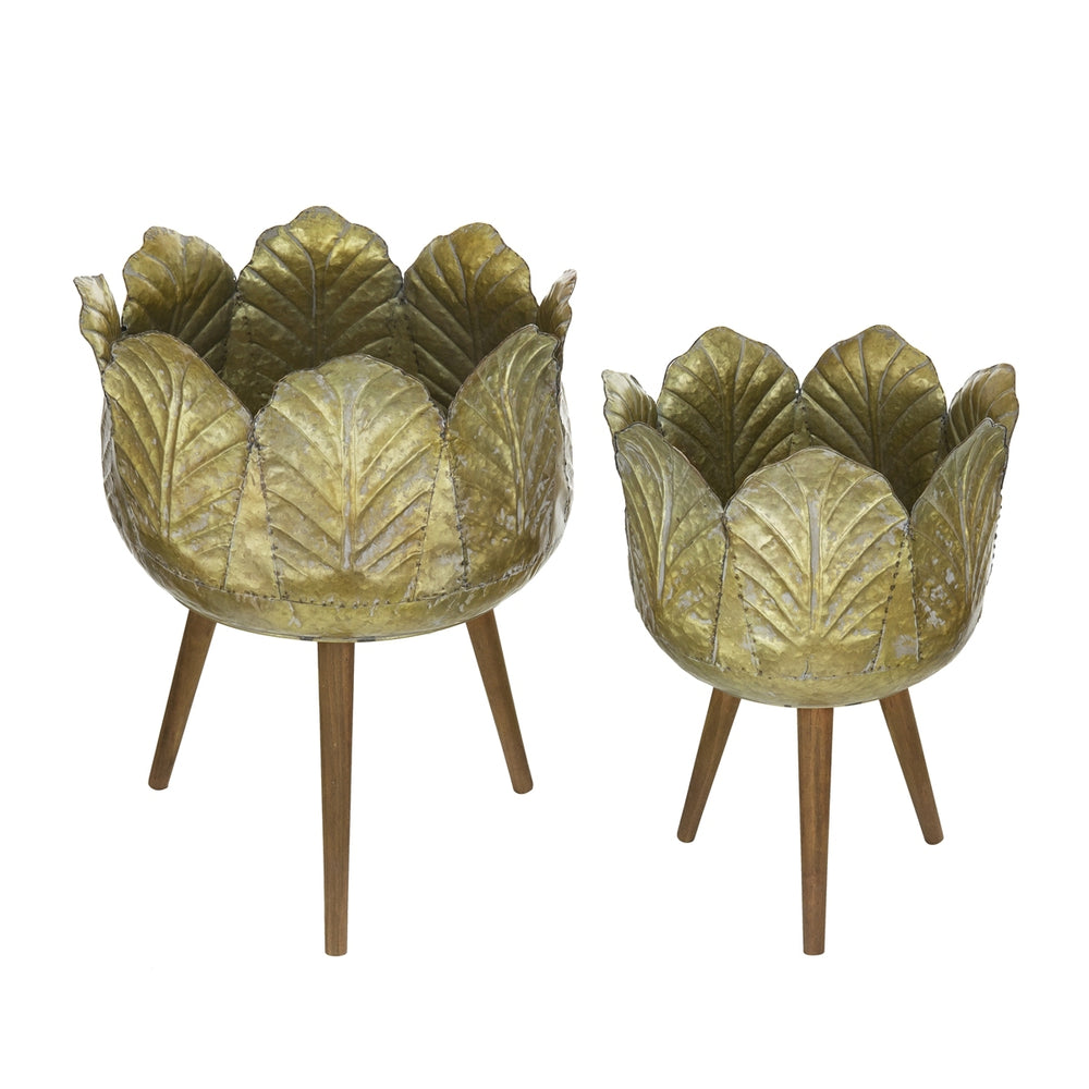 Set of 2 Metal Planter With Wood Legs Stand, L:D18.5x23.5' S:D15.7x20' Media 3
