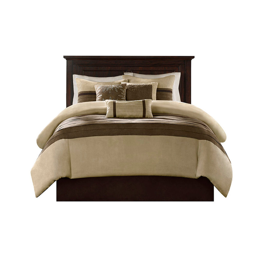 7 PC Pieced Faux Suede Comforter Set Natural Cal King Media 10
