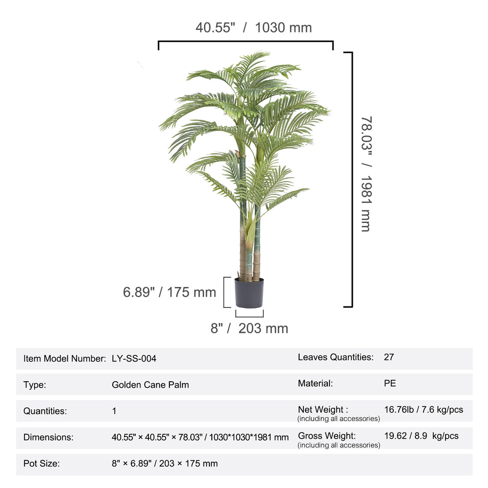 Artificial Gold Cane Palm Tree, 6.5 FT Tall Faux Plant, PE Material & Anti-Tip Tilt Protection Low-Maintenance Plant, Lifelike Green Fake Tree for Home Office Warehouse Decor Indoor Outdoor Media 6