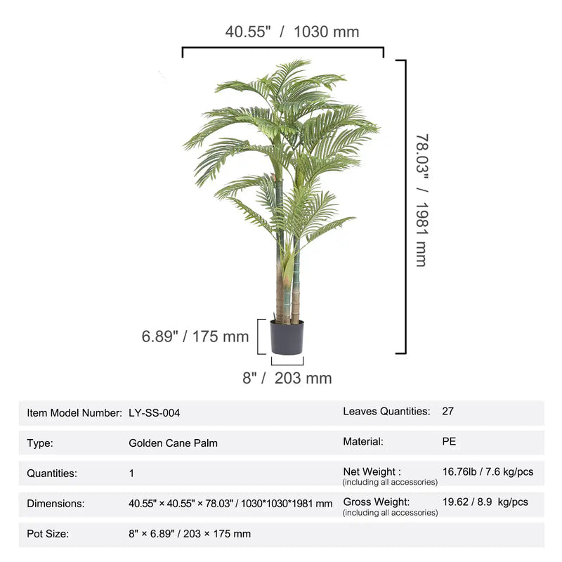 Artificial Gold Cane Palm Tree, 6.5 FT Tall Faux Plant, PE Material & Anti-Tip Tilt Protection Low-Maintenance Plant, Lifelike Green Fake Tree for Home Office Warehouse Decor Indoor Outdoor