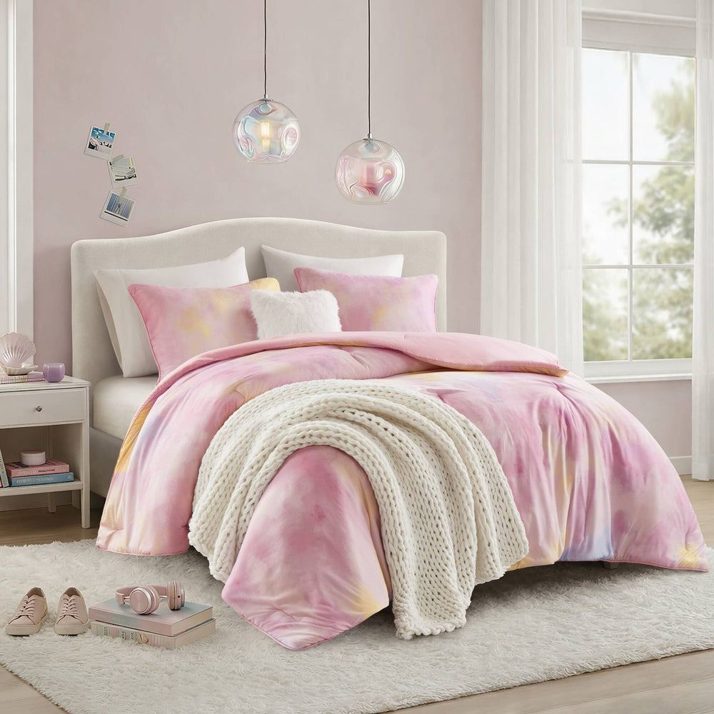 4 Pieces Full/Queen Watercolor Tie Dye Printed Comforter Set with Throw Pillow,Pink Media 2