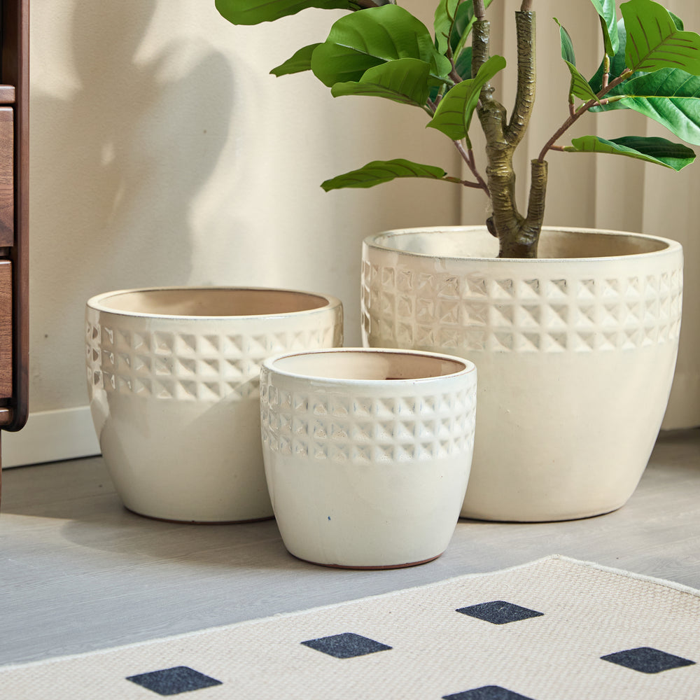 Handmade Ceramic Flower Pot Set of 3, 15/12/9 Inch Diameter, White Diamond Pattern, for Succulents Indoor/Outdoor Use on Windowsill & Bookshelf, Breathable Clay Media 3