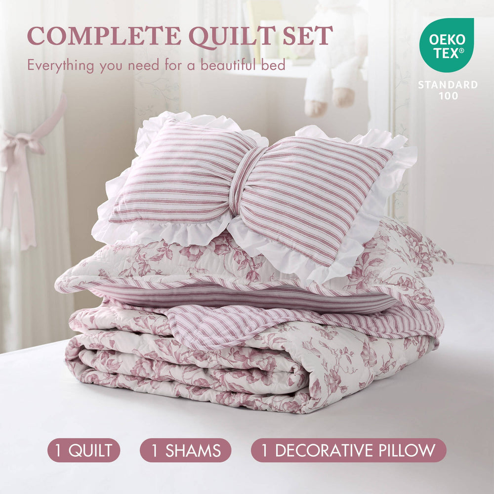 3 Pieces Twin/Twin XL Quilt Set with Decorative Pillow,Pink Media 5