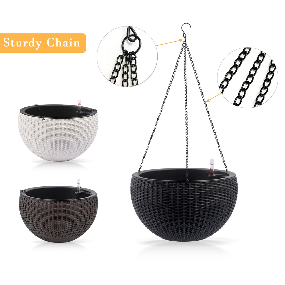 13.4 inch Self-Watering Hanging Rattan-Inspired Planter Large Capacity, Root-Rot Resistant Water Storage with Water Level Indicator, Dual-Use for Indoor & Balcony Decoration (Pack of 2, Black Color) Media 9