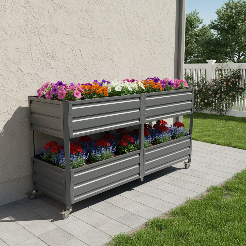 Dual Tier Elevated Metal Raised Garden Bed with Lockable Wheels, Staggered 2-Layer Raised Planter Box for Vegetables Herbs Flowers, Outdoor Patio Backyard Green Planting Bed,Grey Media 9