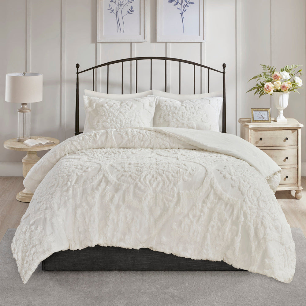 3 Piece Tufted Cotton Chenille Damask Comforter Set Off-White Full/Queen Media 2