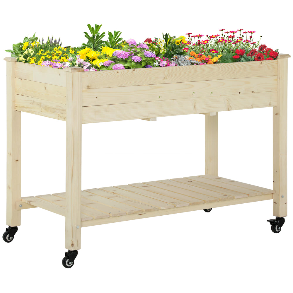 Outsunny Raised Garden Bed with Lockable Wheels and Storage Shelf, Natural Wood, 47 x 22 x 33 Inches Media 1