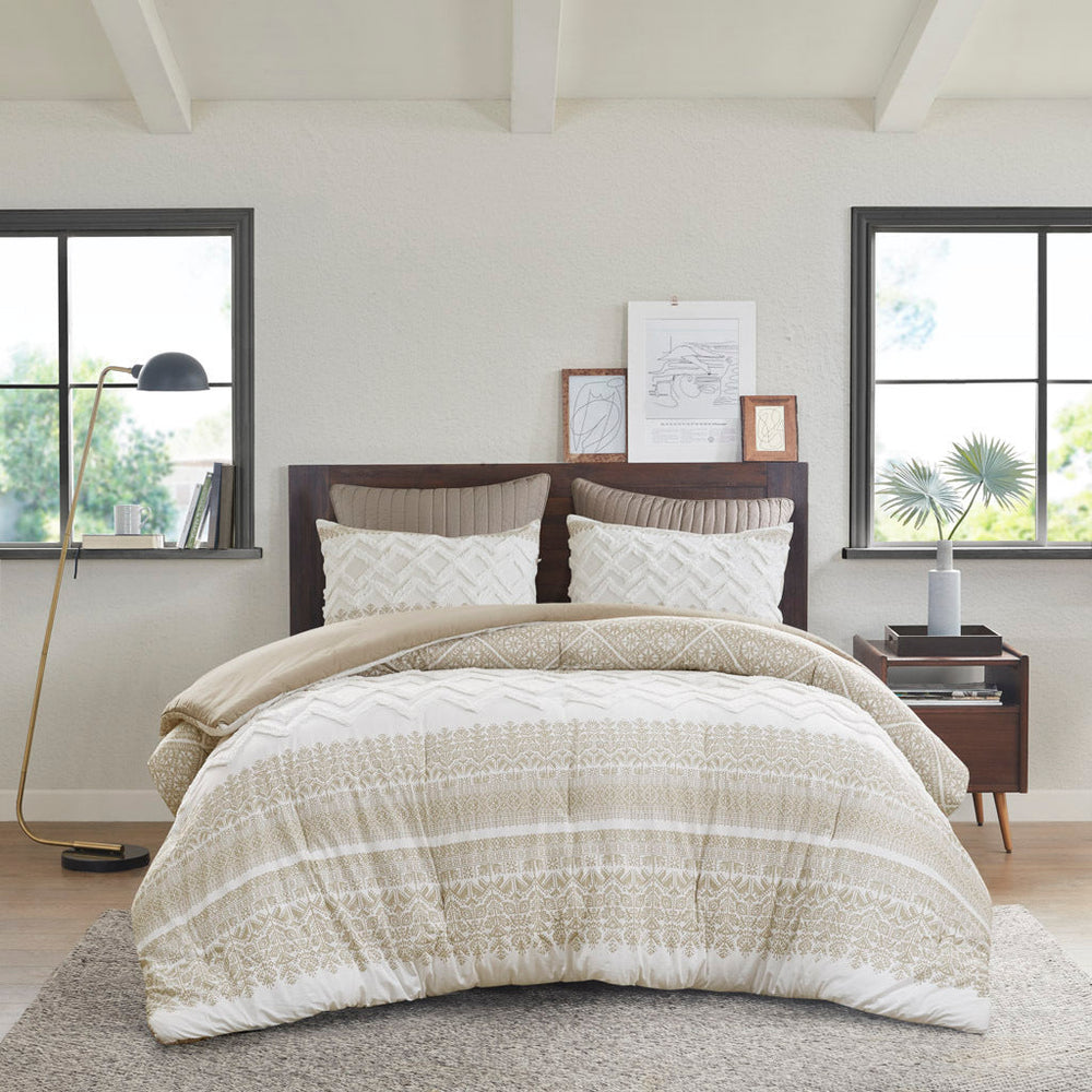 3 Piece Cotton Comforter Set with Chenille Tufting Taupe Full/Queen Media 2