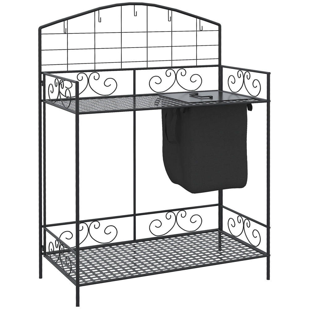 Outsunny Folding Potting Bench Table, Metal Garden Workstation, Work Bench with Large Build-In Bag with Cover, 5 Hanging Hooks & Storage Shelf, Flourishes Media 1