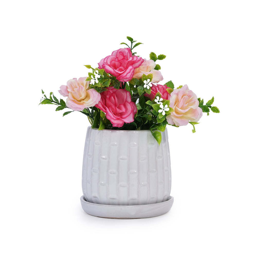 Handmade White Glazed Ceramic Planter Set of 2, 6' & 8' Diameter, Bamboo-like Pattern, for Orchids Indoor/Outdoor Shelf & Table Use, Breathable Clay Media 9