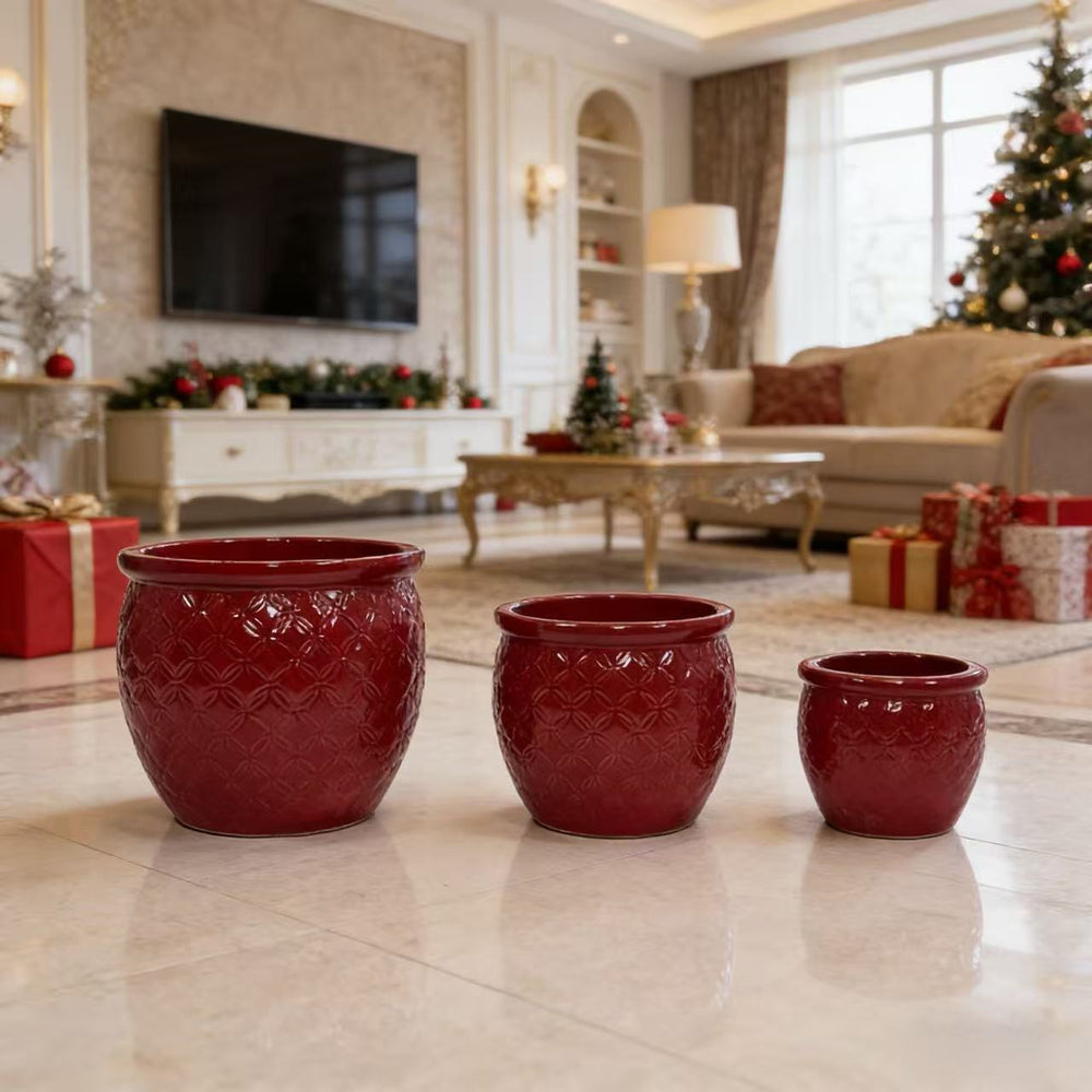 Handmade Ceramic Flower Pot Set of 3, 15/12/10 Inch Diameter, Deep Red with Floral Embossed Pattern, for Orchids Indoor/Outdoor Use on Windowsill & Bookshelf, Breathable Clay Media 1