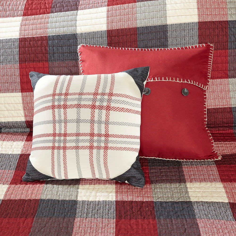 6 Piece Printed Herringbone Quilt Set with Throw Pillows Red Full/Queen Media 5
