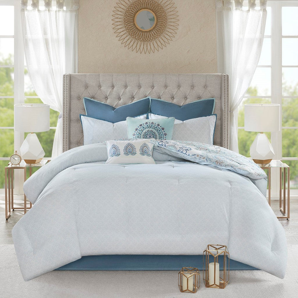 8 Piece Cotton Floral Printed Reversible Comforter Set Blue Queen Media 15