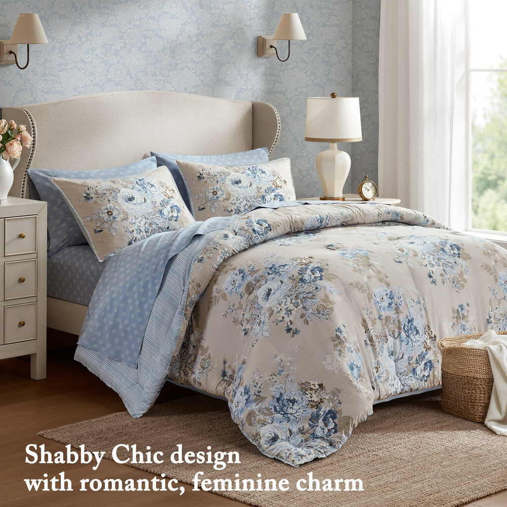 5-Piece Twin 5 Piece Vin -inspired Collection floral print,Beige/Blue Media 3
