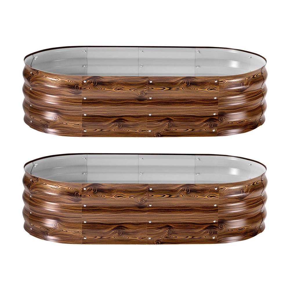 2 Pack Galvanized Raised Garden Beds, 4 x 2 x 1 ft, Oval Metal Planter Boxes Kit Outdoor, Bottomless Elevated Garden Box with Gloves, Alu-Zinc, for Planting Flowers Vegetables, Deep Wood Grain Media 1