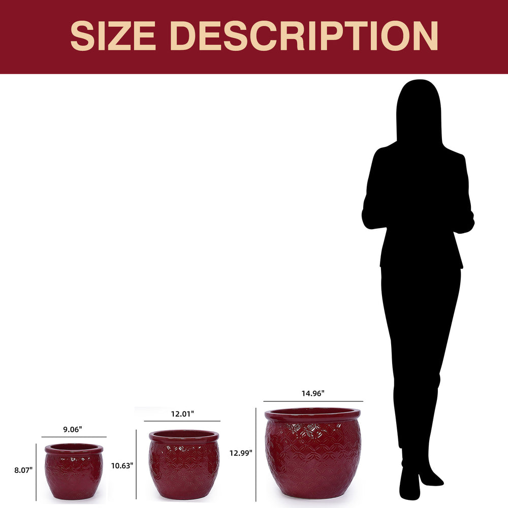 Handmade Ceramic Flower Pot Set of 3, 15/12/10 Inch Diameter, Deep Red with Floral Embossed Pattern, for Orchids Indoor/Outdoor Use on Windowsill & Bookshelf, Breathable Clay Media 13