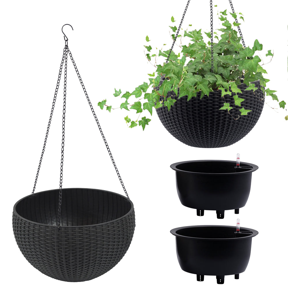 13.4 inch Self-Watering Hanging Rattan-Inspired Planter Large Capacity, Root-Rot Resistant Water Storage with Water Level Indicator, Dual-Use for Indoor & Balcony Decoration (Pack of 2, Black Color) Media 13
