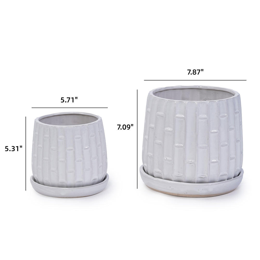 Handmade White Glazed Ceramic Planter Set of 2, 6' & 8' Diameter, Bamboo-like Pattern, for Orchids Indoor/Outdoor Shelf & Table Use, Breathable Clay Media 7