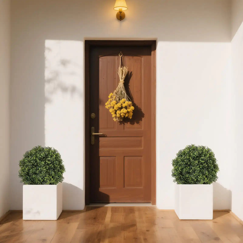 22in Artificial Topiary Boxwood Ball Trees – Faux Evergreen Potted Shrubs for Porch, Patio, Entryway, or Indoor Living Room Decor, 2pcs/set