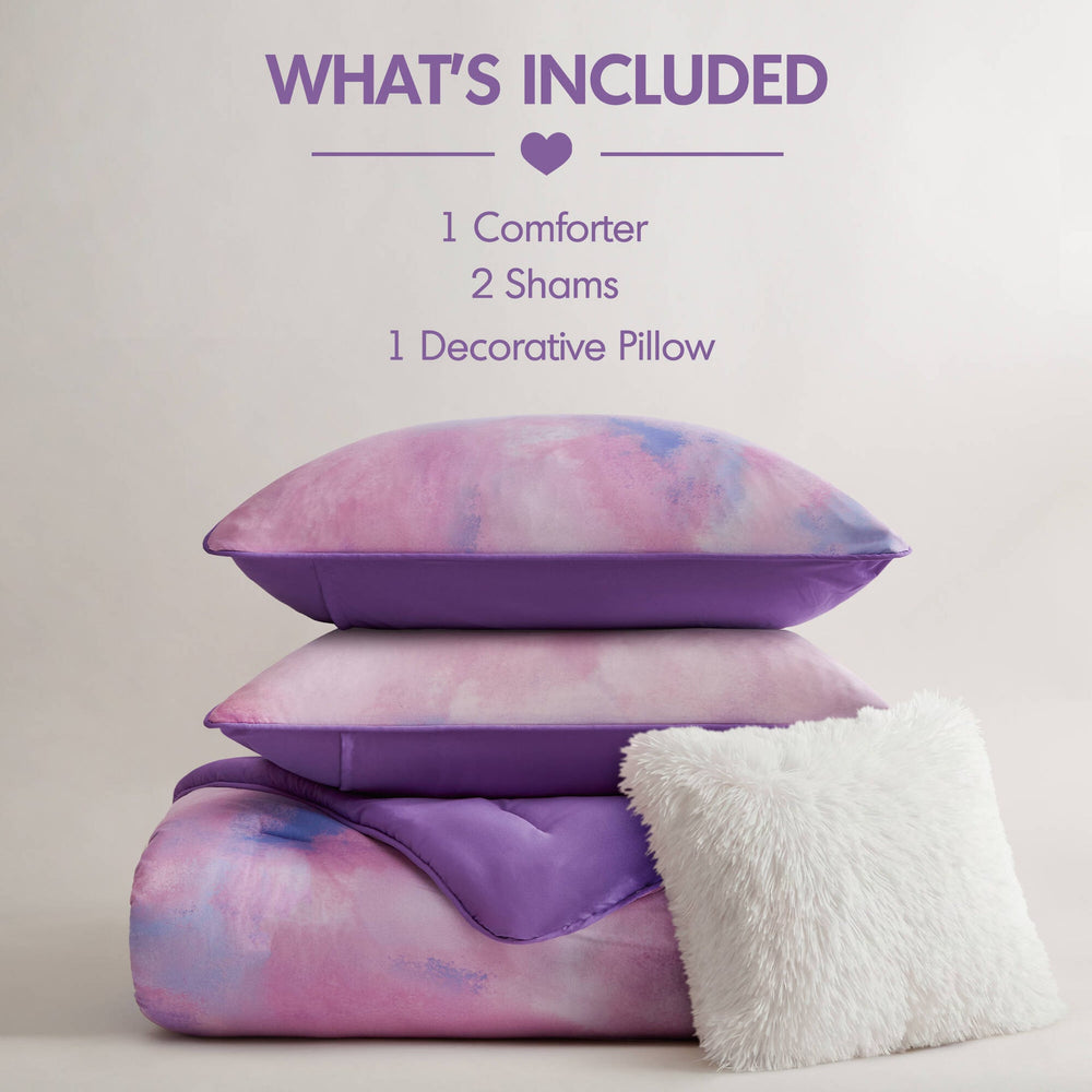 4 Pieces King/Cal King Watercolor Tie Dye Printed Comforter Set with Throw Pillow,Purple Media 4