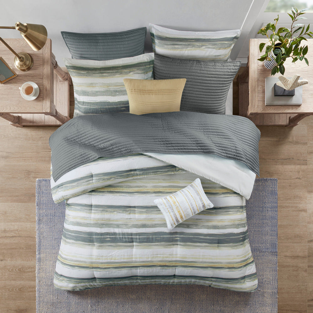 8 Piece Printed Seersucker Comforter and Quilt Set Collection Yellow Full/Queen Media 2
