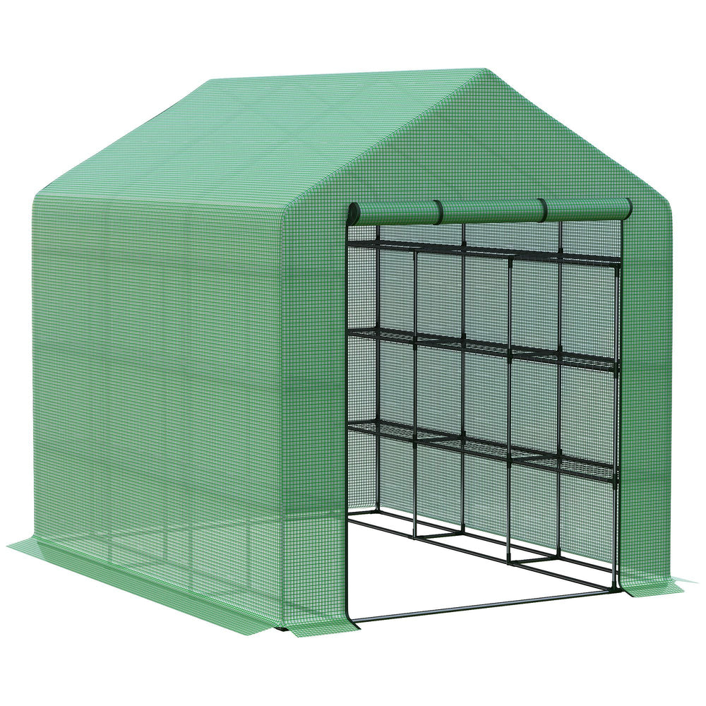 Walk-in Greenhouse for Outdoors with Roll-up Zipper Door, 18 Shelves, PE Cover, Small & Portable Build, Heavy Duty Humidity Seal, 95.25' x 70.75' x 82.75', Green Media 1