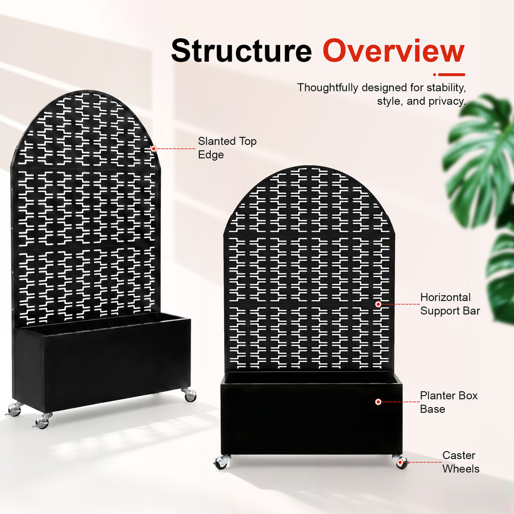 Arched Decorative Privacy Screen with Planter Box, 70.87' Tall Metal Freestanding Fence Planter, 46.8'×15.75'×16.92' Planter Box for Patio Balcony Backyard Media 3