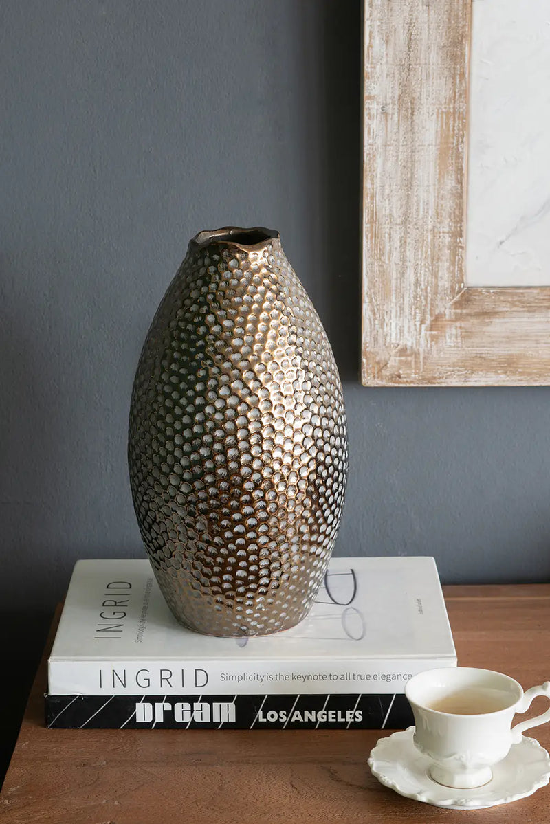 Decorative Ceramic Vase with Textured Bronze Finish